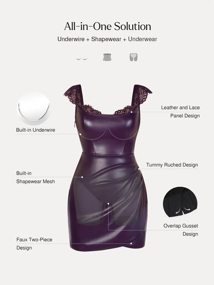 Shapewear Faux Leather Draped Lace Mini Dress