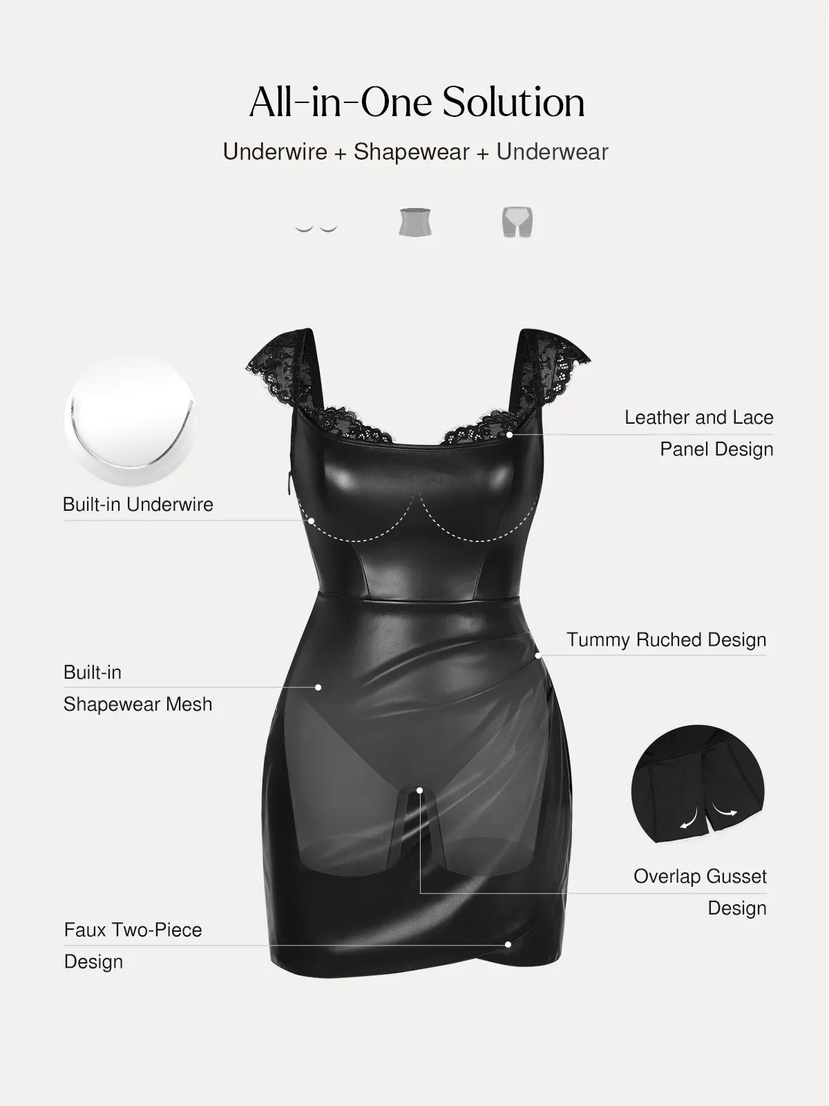 Shapewear Faux Leather Draped Lace Mini Dress