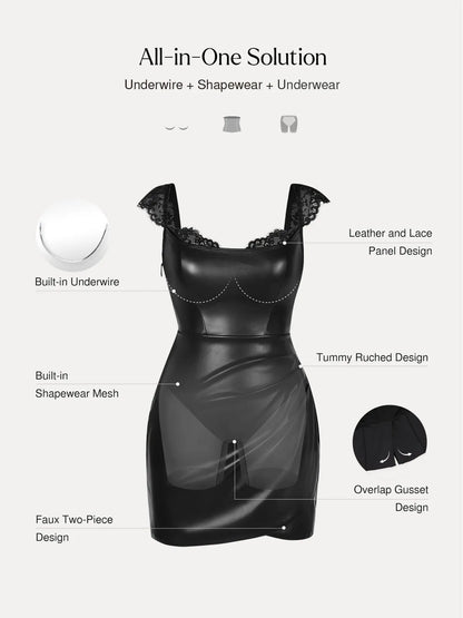 Shapewear Faux Leather Draped Lace Mini Dress