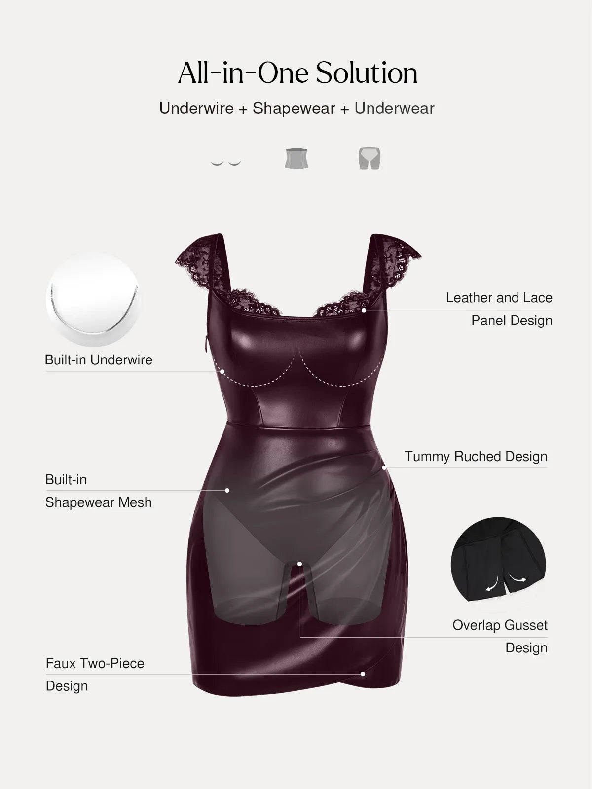 Shapewear Faux Leather Draped Lace Mini Dress