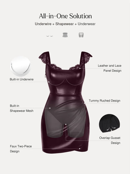 Shapewear Faux Leather Draped Lace Mini Dress