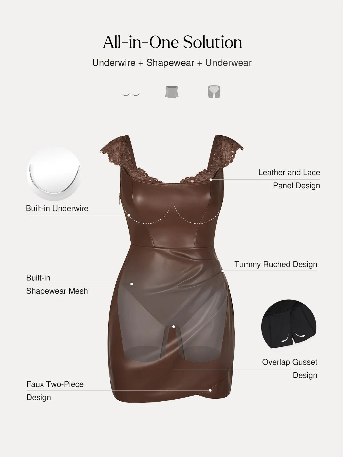 Shapewear Faux Leather Draped Lace Mini Dress