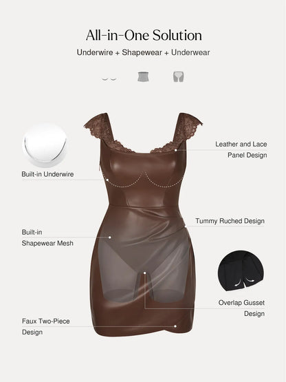 Shapewear Faux Leather Draped Lace Mini Dress