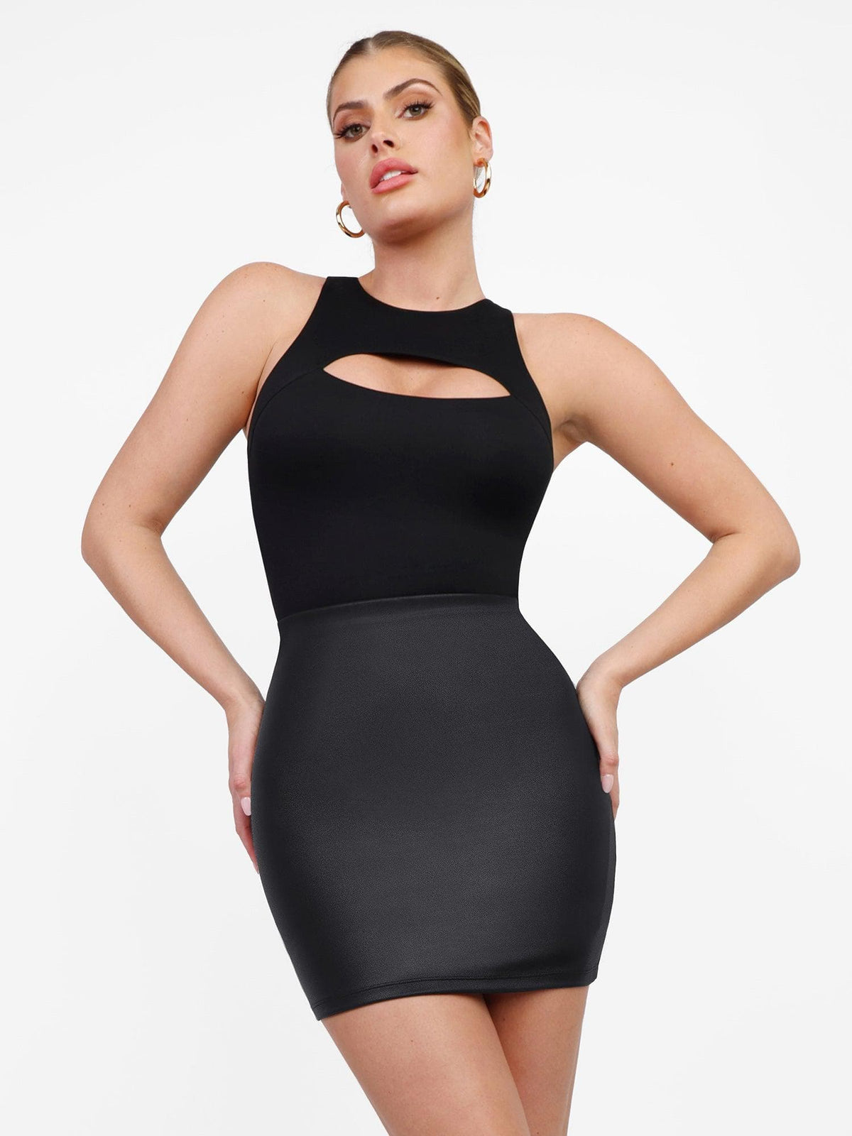 Shapewear Faux Leather Hourglass Cutout Corset Bodysuit Butt Lifting Skirt Set