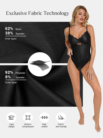 Shapewear Faux Leather Hourglass Cutout Corset Bodysuit Butt Lifting Skirt Set