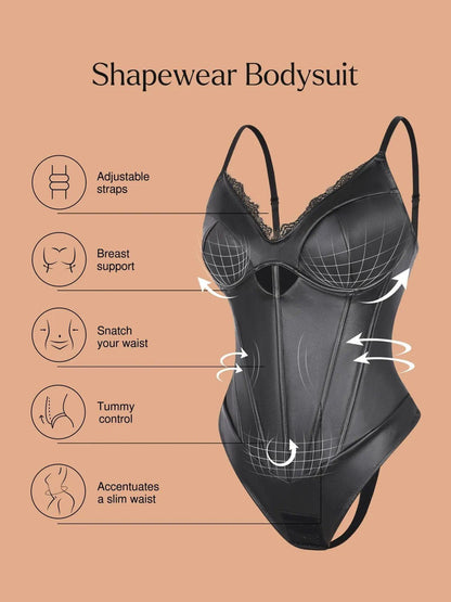Shapewear Faux Leather Hourglass Cutout Corset Bodysuit Butt Lifting Skirt Set