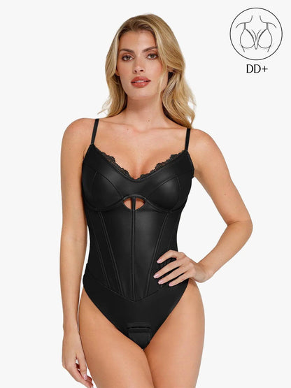 Shapewear Faux Leather Hourglass Cutout Corset Bodysuit Butt Lifting Skirt Set