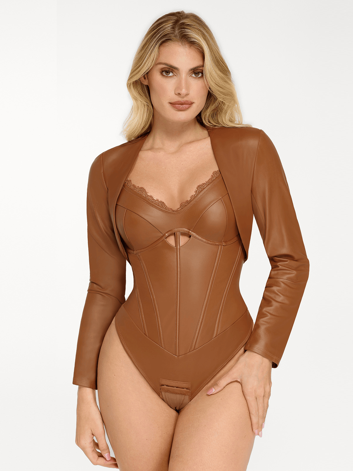 Shapewear Faux Leather Hourglass Cutout Corset Bodysuit
