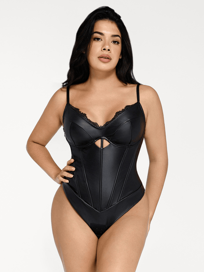 Shapewear Faux Leather Hourglass Cutout Corset Bodysuit