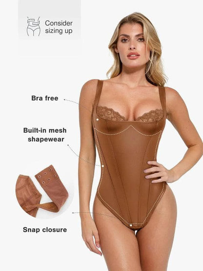 Shapewear Faux Leather Lace Waist Tummy Control Bodysuit