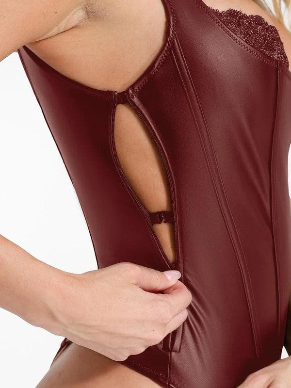 Shapewear Faux Leather Lace Waist Tummy Control Bodysuit