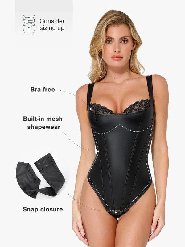 Shapewear Faux Leather Lace Waist Tummy Control Bodysuit