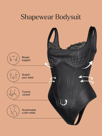 Shapewear Faux Leather Lace Waist Tummy Control Bodysuit