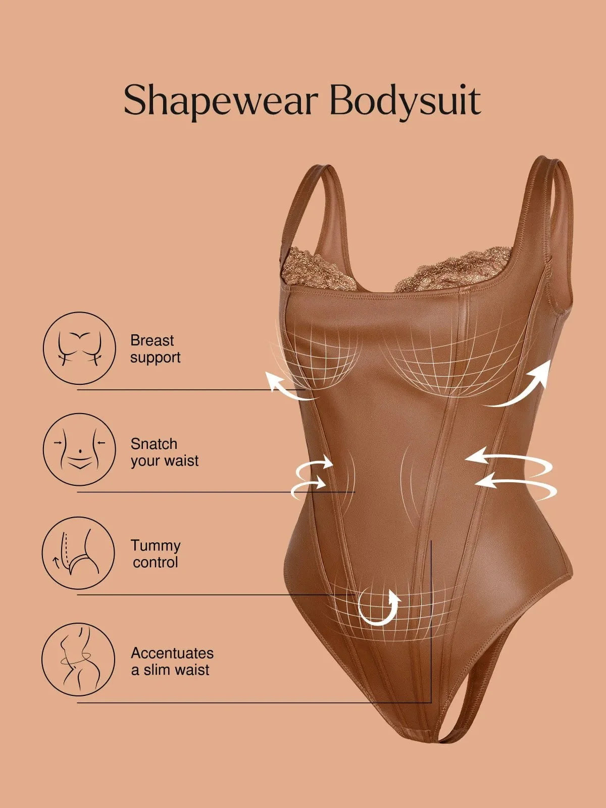 Shapewear Faux Leather Lace Waist Tummy Control Bodysuit