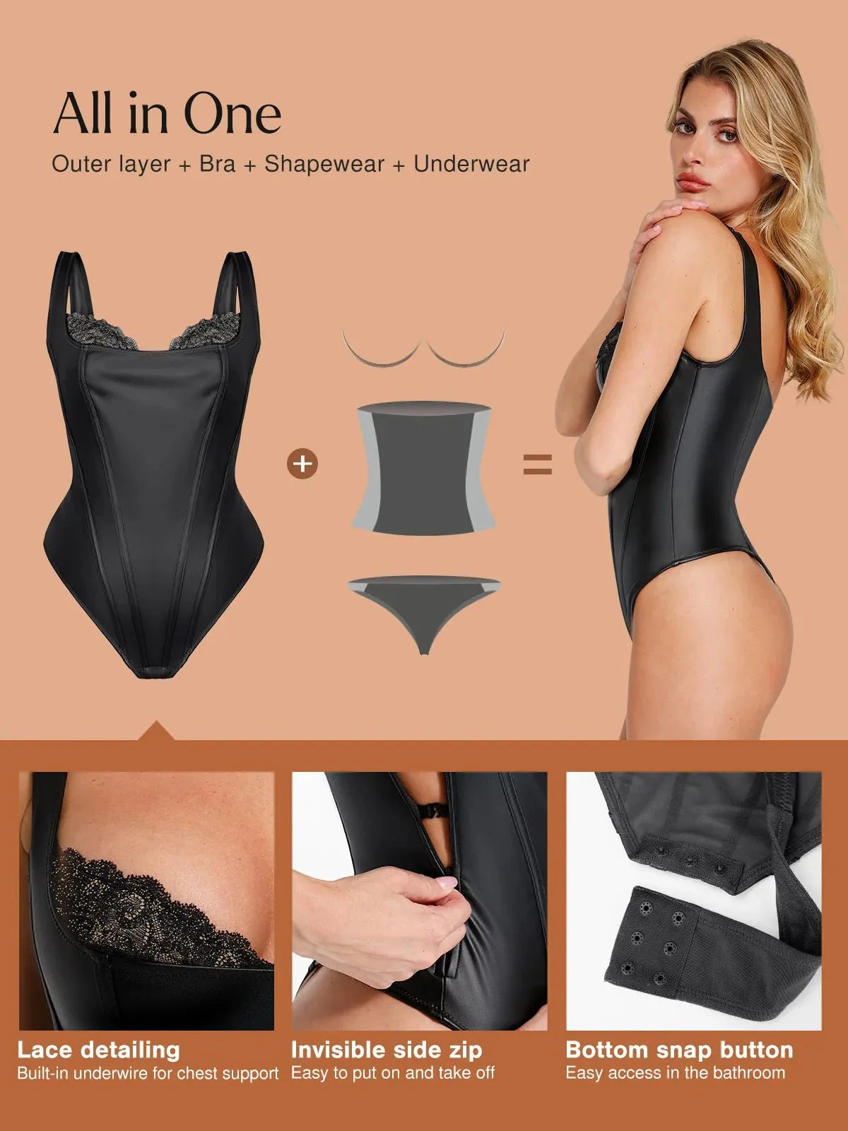 Shapewear Faux Leather Lace Waist Tummy Control Bodysuit