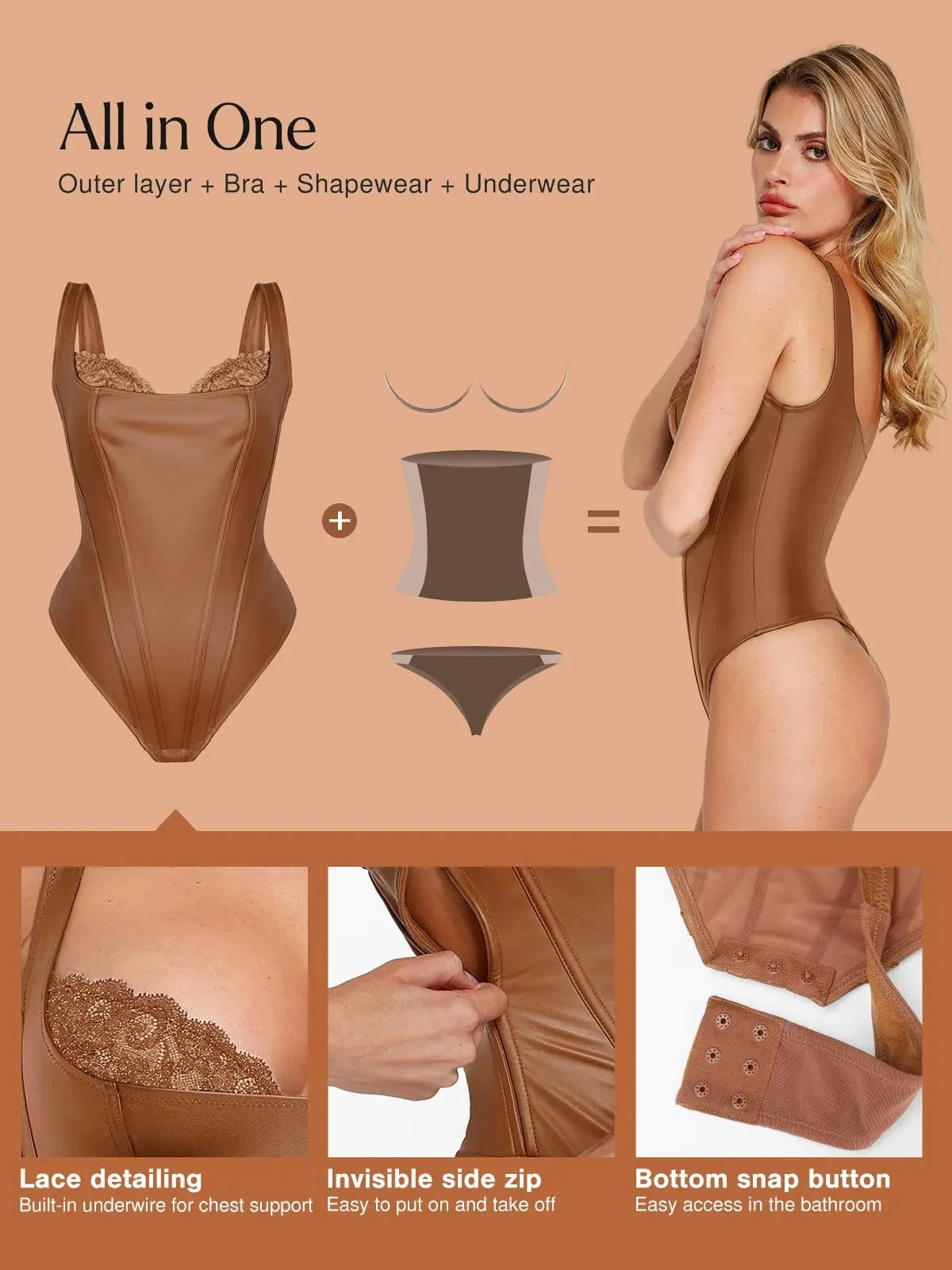 Shapewear Faux Leather Lace Waist Tummy Control Bodysuit