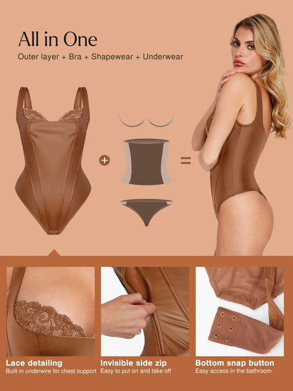 Shapewear Faux Leather Lace Waist Tummy Control Bodysuit