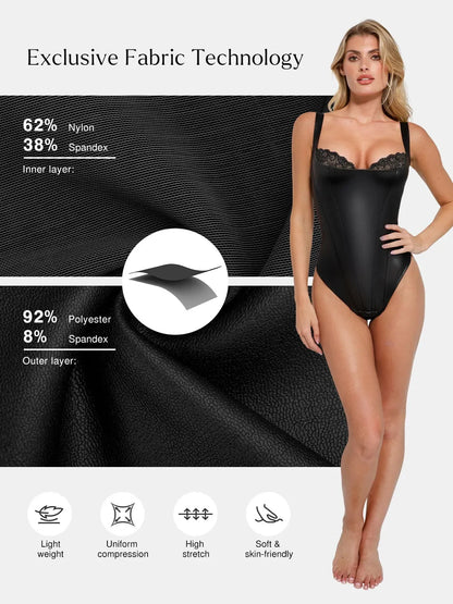 Shapewear Faux Leather Lace Waist Tummy Control Bodysuit
