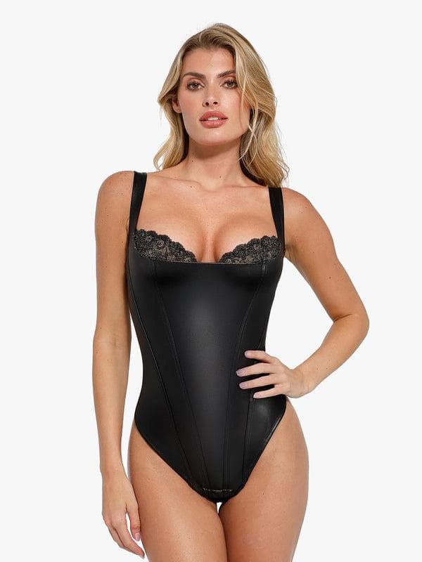 Shapewear Faux Leather Lace Waist Tummy Control Bodysuit