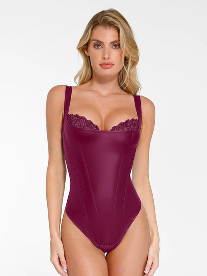 Shapewear Faux Leather Lace Waist Tummy Control Bodysuit