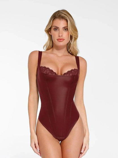 Shapewear Faux Leather Lace Waist Tummy Control Bodysuit