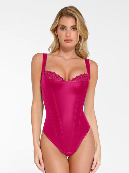 Shapewear Faux Leather Lace Waist Tummy Control Bodysuit