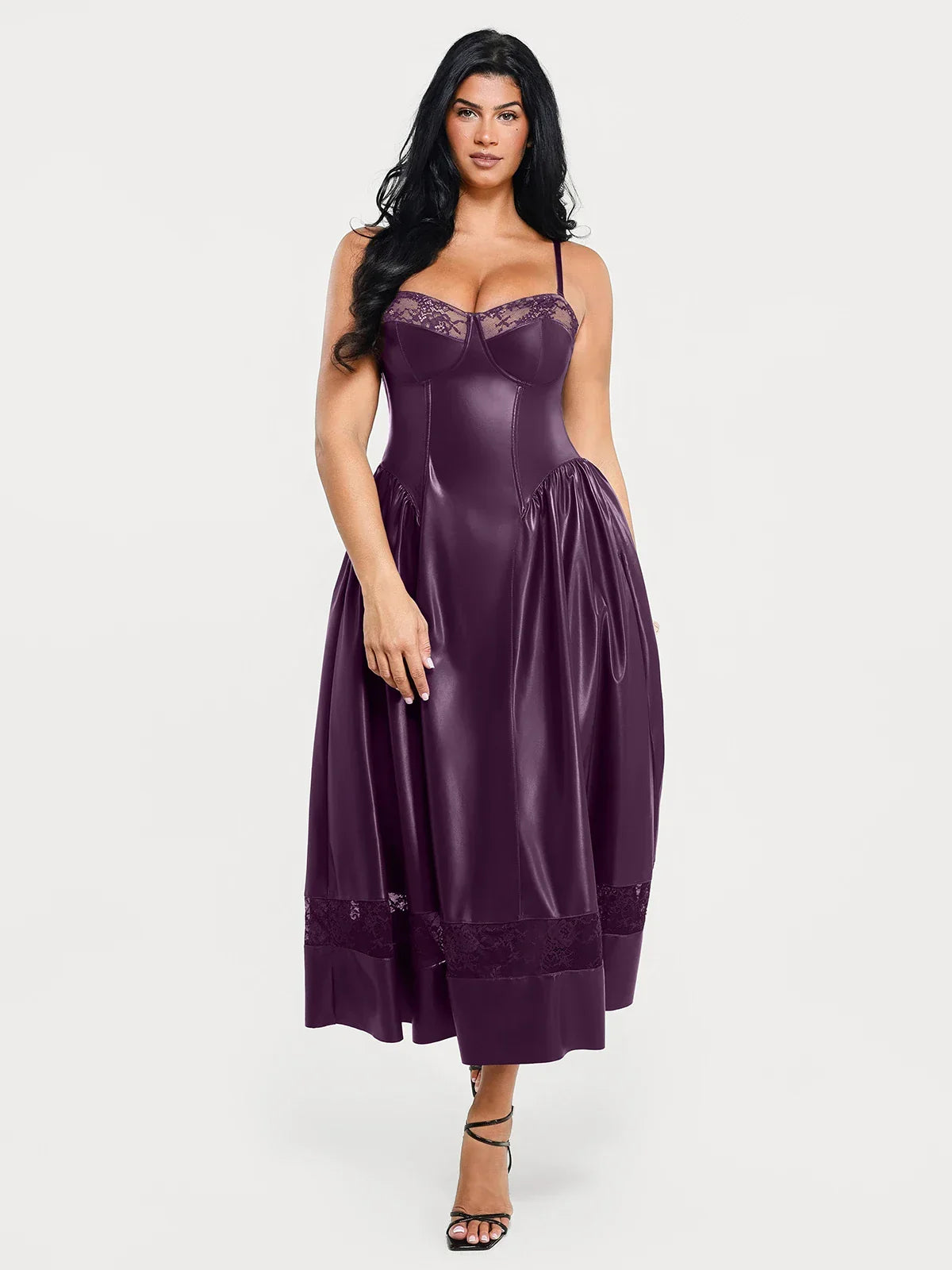 Shapewear Faux Leather Lace Panel Corset A-Line Midi Dress