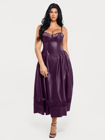 Shapewear Faux Leather Lace Panel Corset A-Line Midi Dress