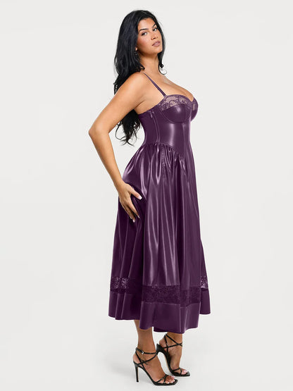 Shapewear Faux Leather Lace Panel Corset A-Line Midi Dress