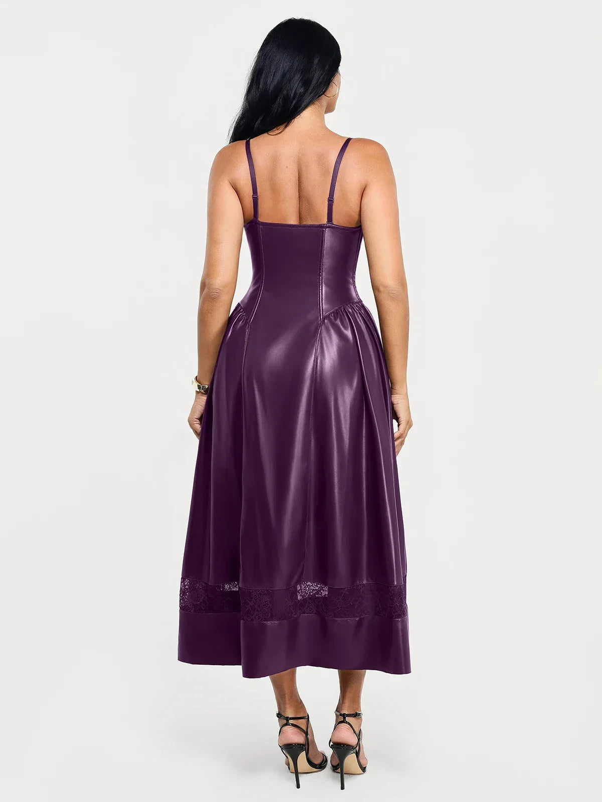 Shapewear Faux Leather Lace Panel Corset A-Line Midi Dress