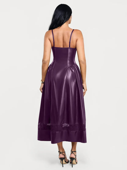 Shapewear Faux Leather Lace Panel Corset A-Line Midi Dress