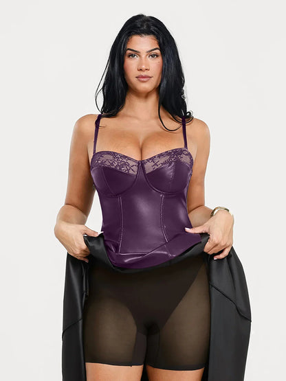 Shapewear Faux Leather Lace Panel Corset A-Line Midi Dress