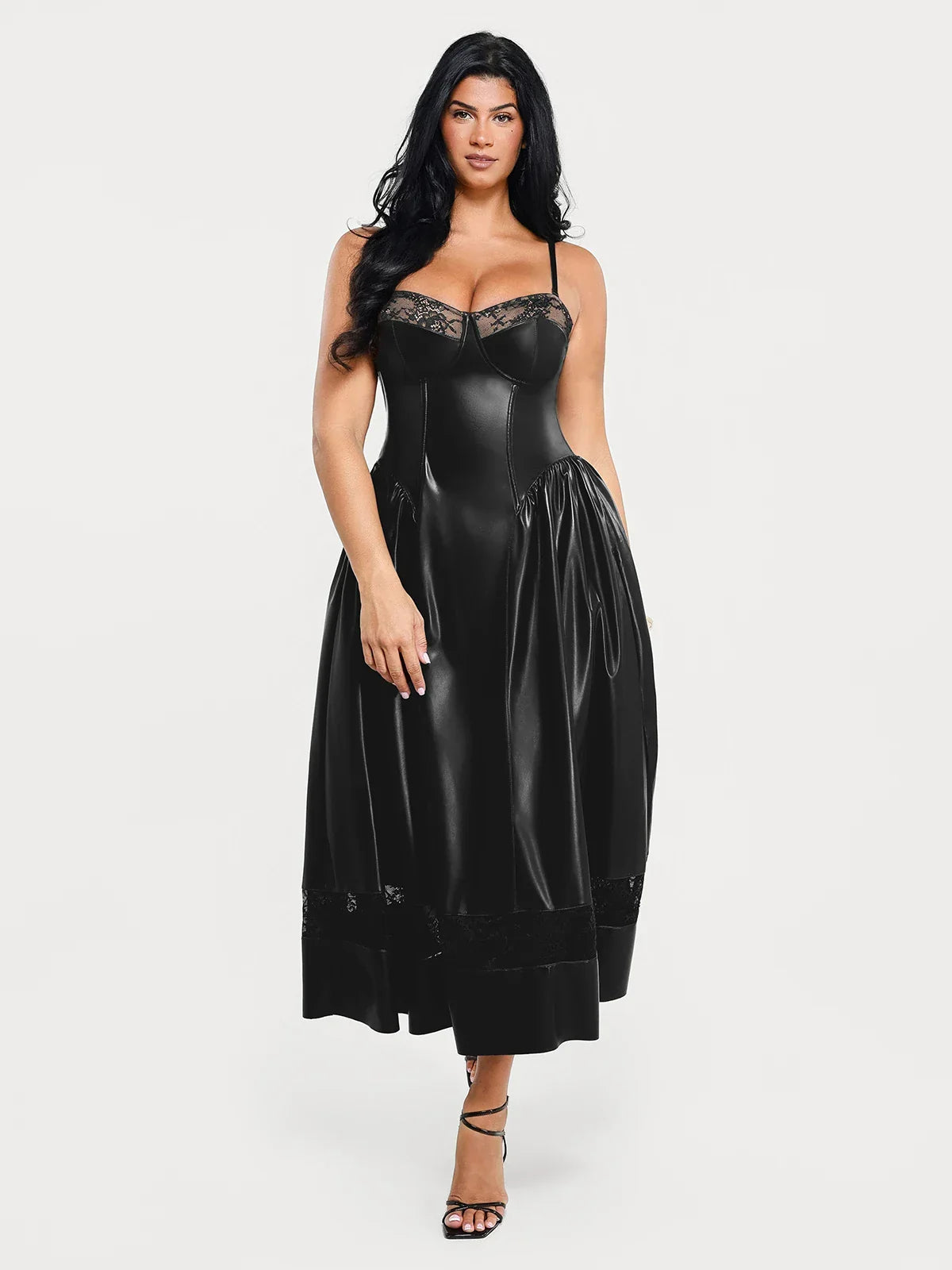 Shapewear Faux Leather Lace Panel Corset A-Line Midi Dress