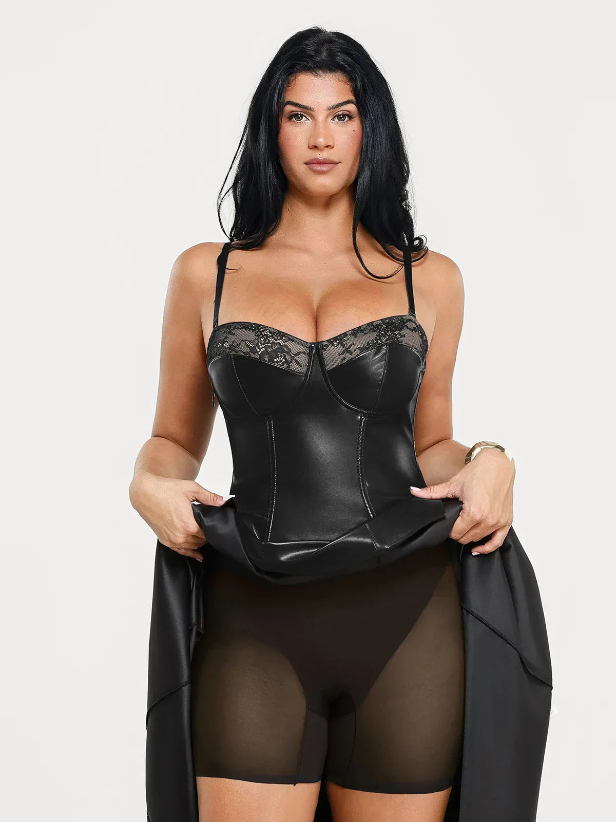 Shapewear Faux Leather Lace Panel Corset A-Line Midi Dress