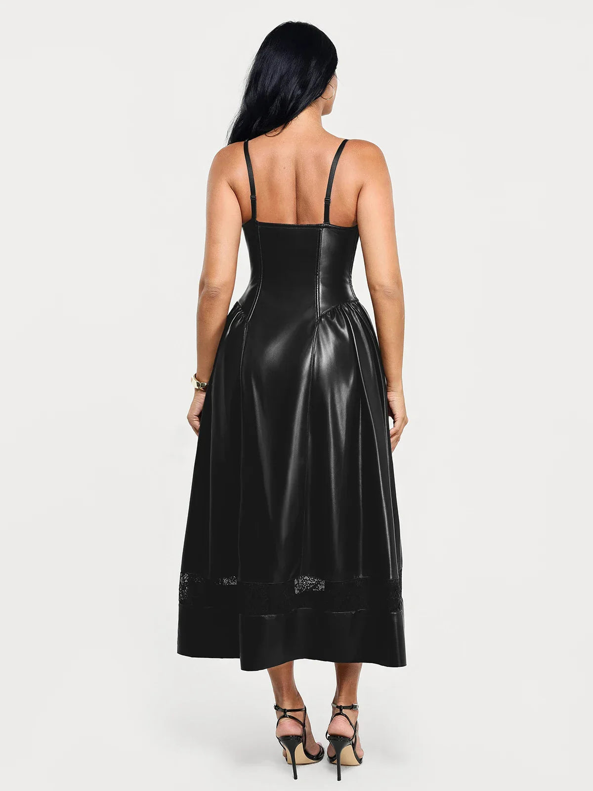 Shapewear Faux Leather Lace Panel Corset A-Line Midi Dress