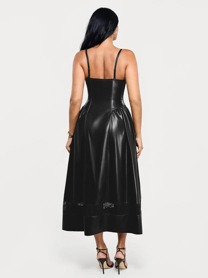 Shapewear Faux Leather Lace Panel Corset A-Line Midi Dress