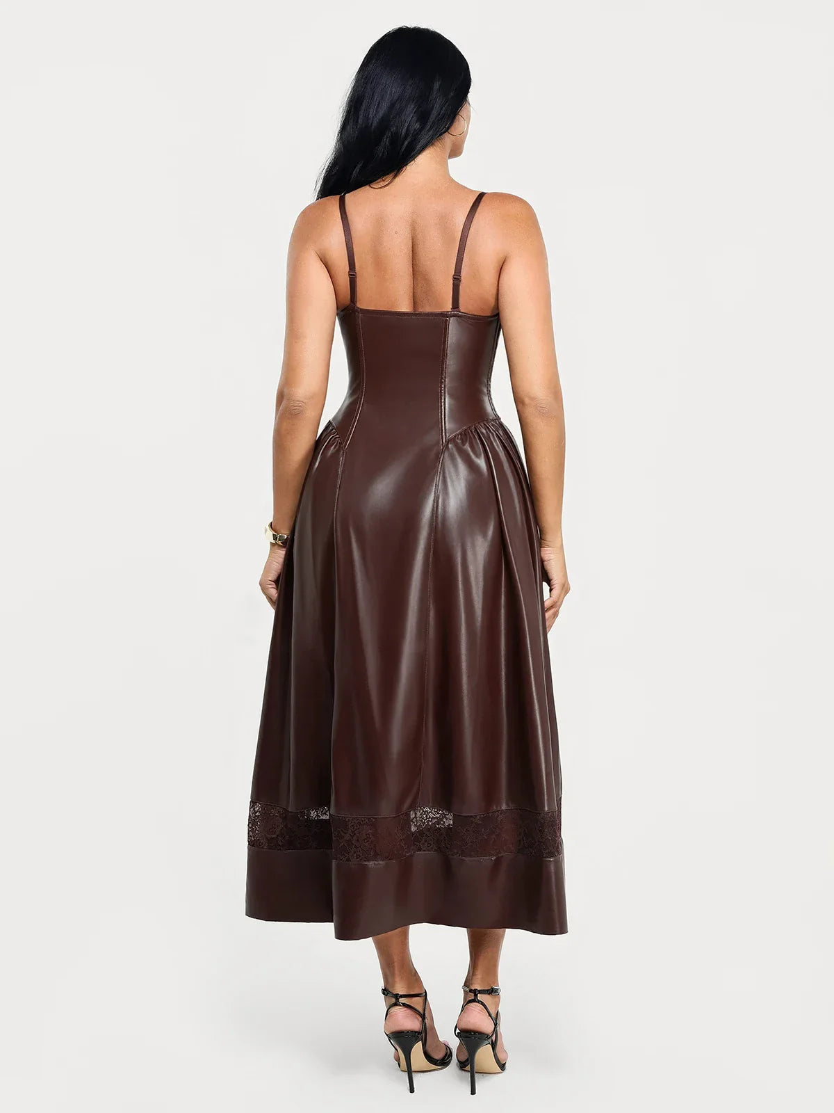 Shapewear Faux Leather Lace Panel Corset A-Line Midi Dress