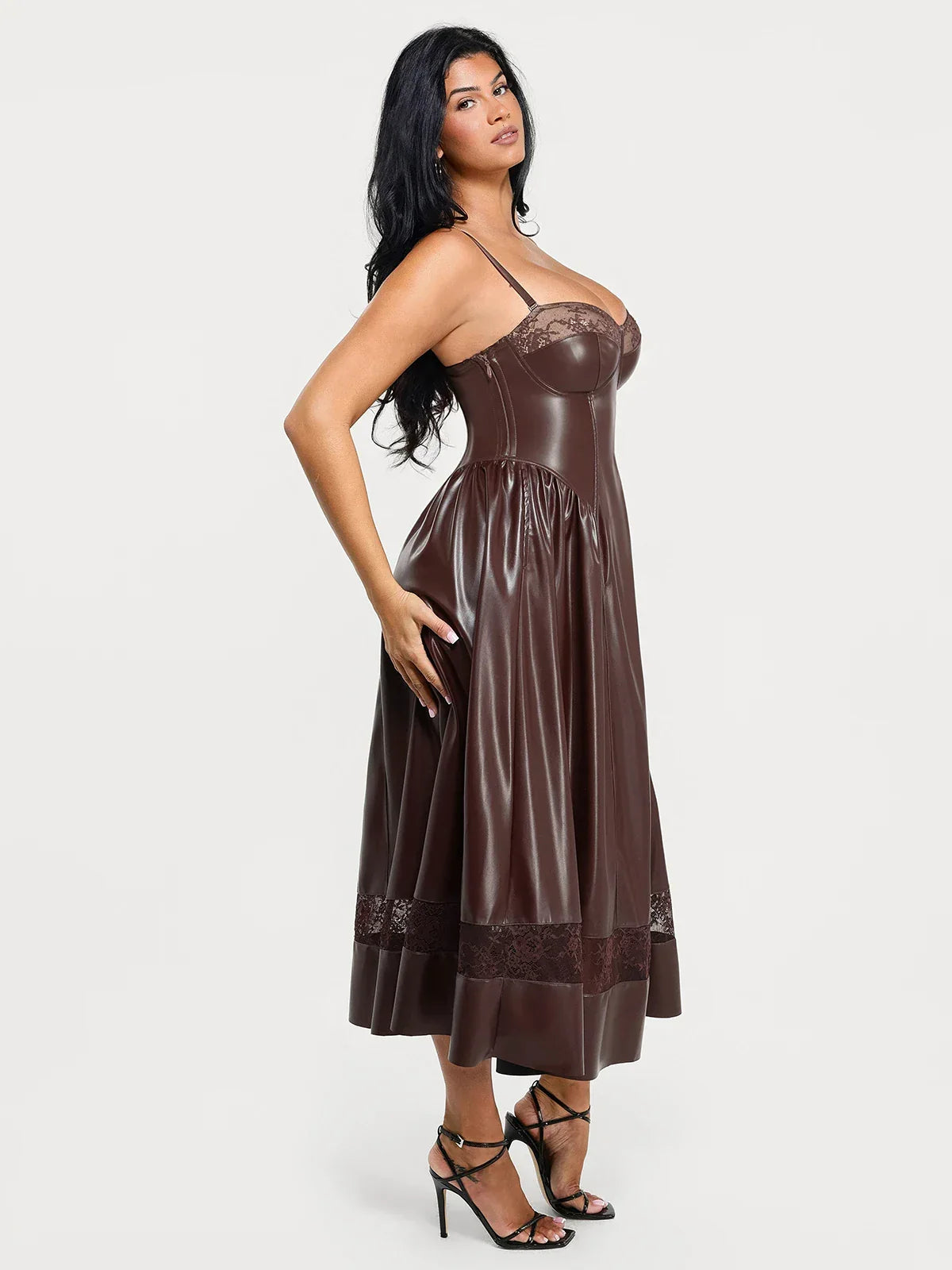 Shapewear Faux Leather Lace Panel Corset A-Line Midi Dress