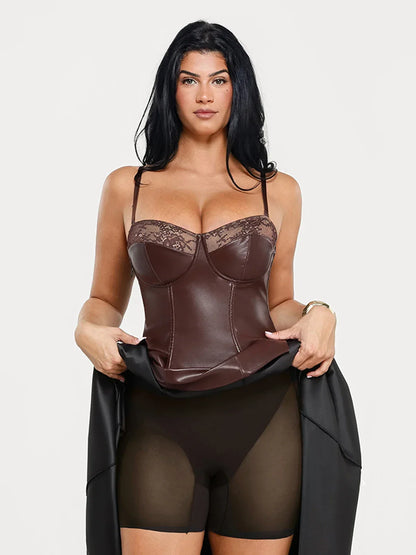 Shapewear Faux Leather Lace Panel Corset A-Line Midi Dress