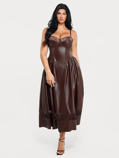 Shapewear Faux Leather Lace Panel Corset A-Line Midi Dress