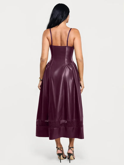 Shapewear Faux Leather Lace Panel Corset A-Line Midi Dress