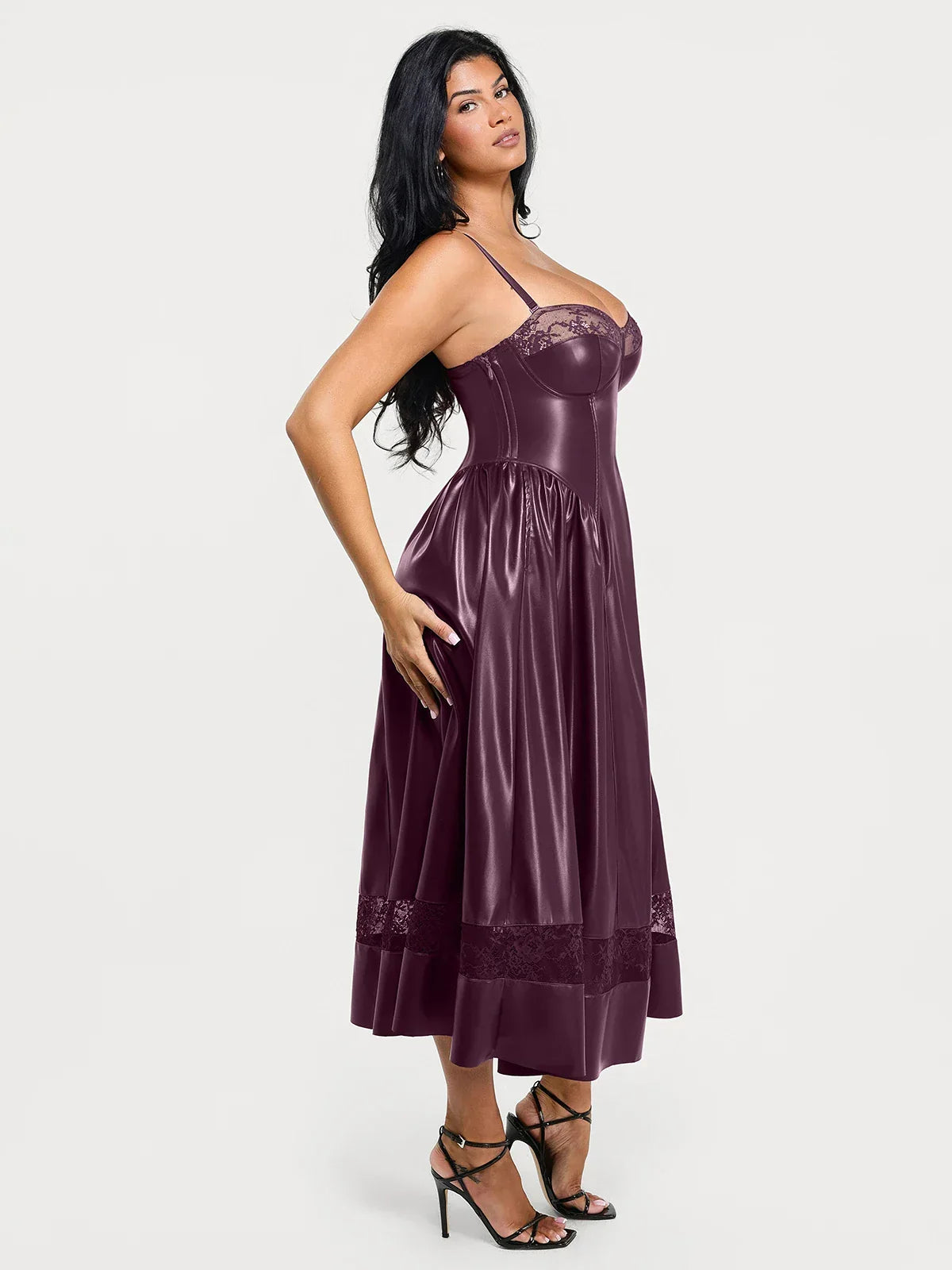 Shapewear Faux Leather Lace Panel Corset A-Line Midi Dress