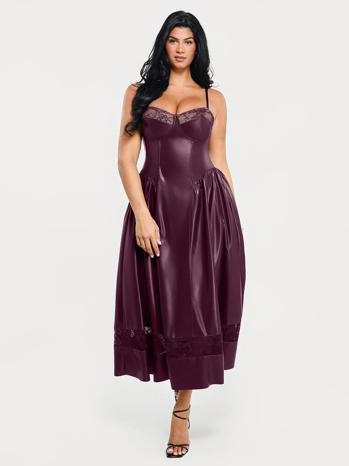 Shapewear Faux Leather Lace Panel Corset A-Line Midi Dress
