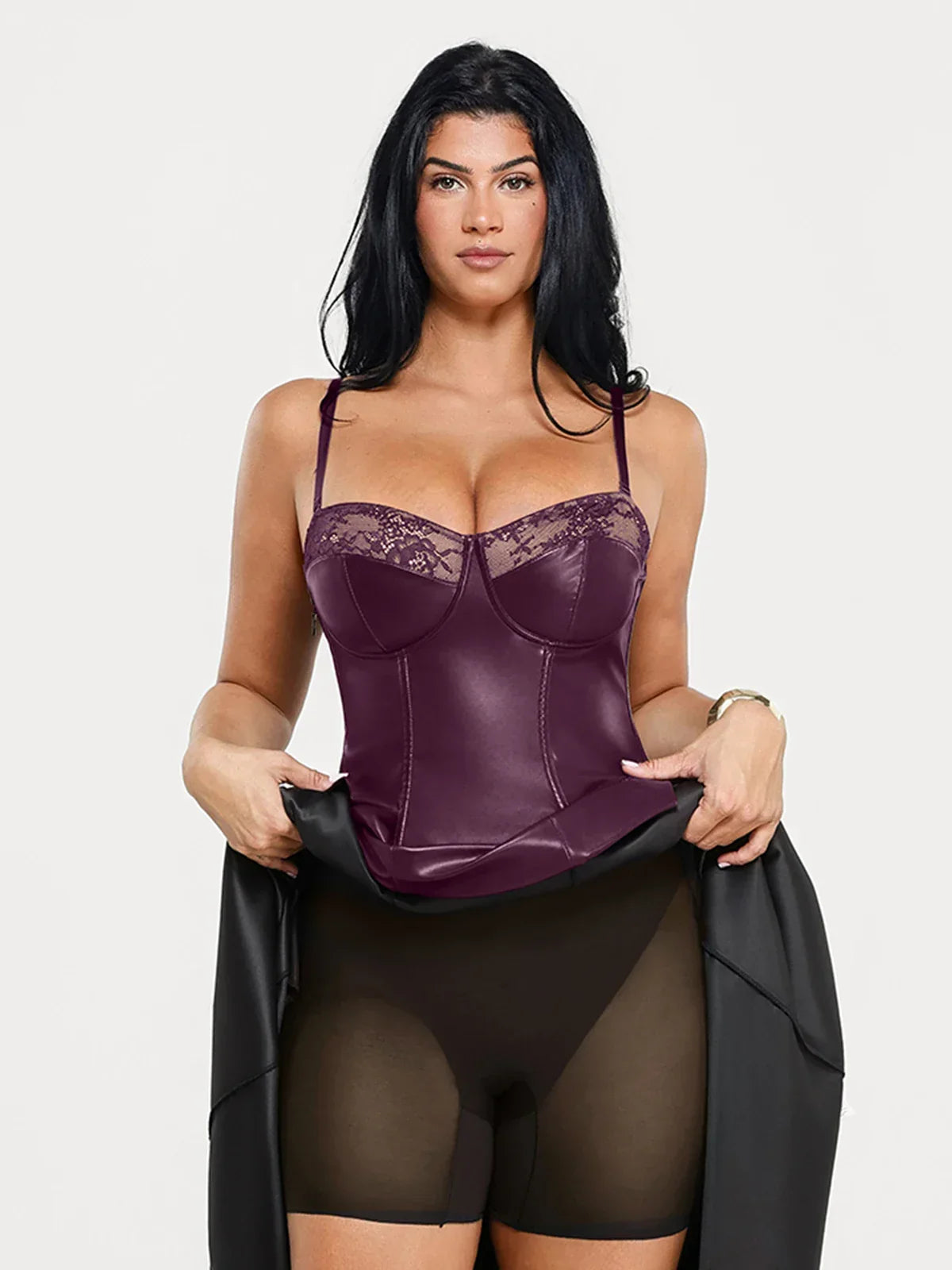 Shapewear Faux Leather Lace Panel Corset A-Line Midi Dress