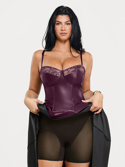 Shapewear Faux Leather Lace Panel Corset A-Line Midi Dress