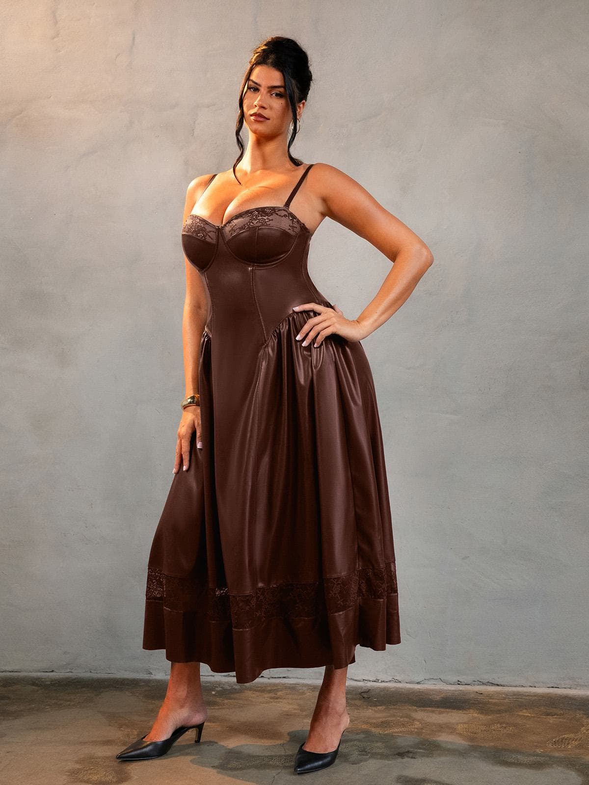 Shapewear Faux Leather Lace Panel Corset A-Line Midi Dress