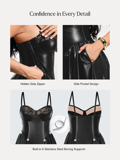 Shapewear Faux Leather Lace Panel Corset A-Line Midi Dress