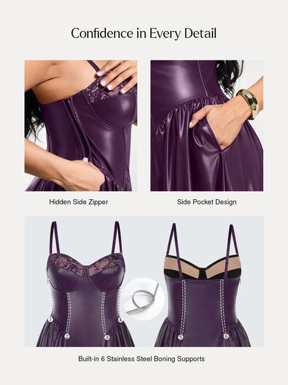 Shapewear Faux Leather Lace Panel Corset A-Line Midi Dress