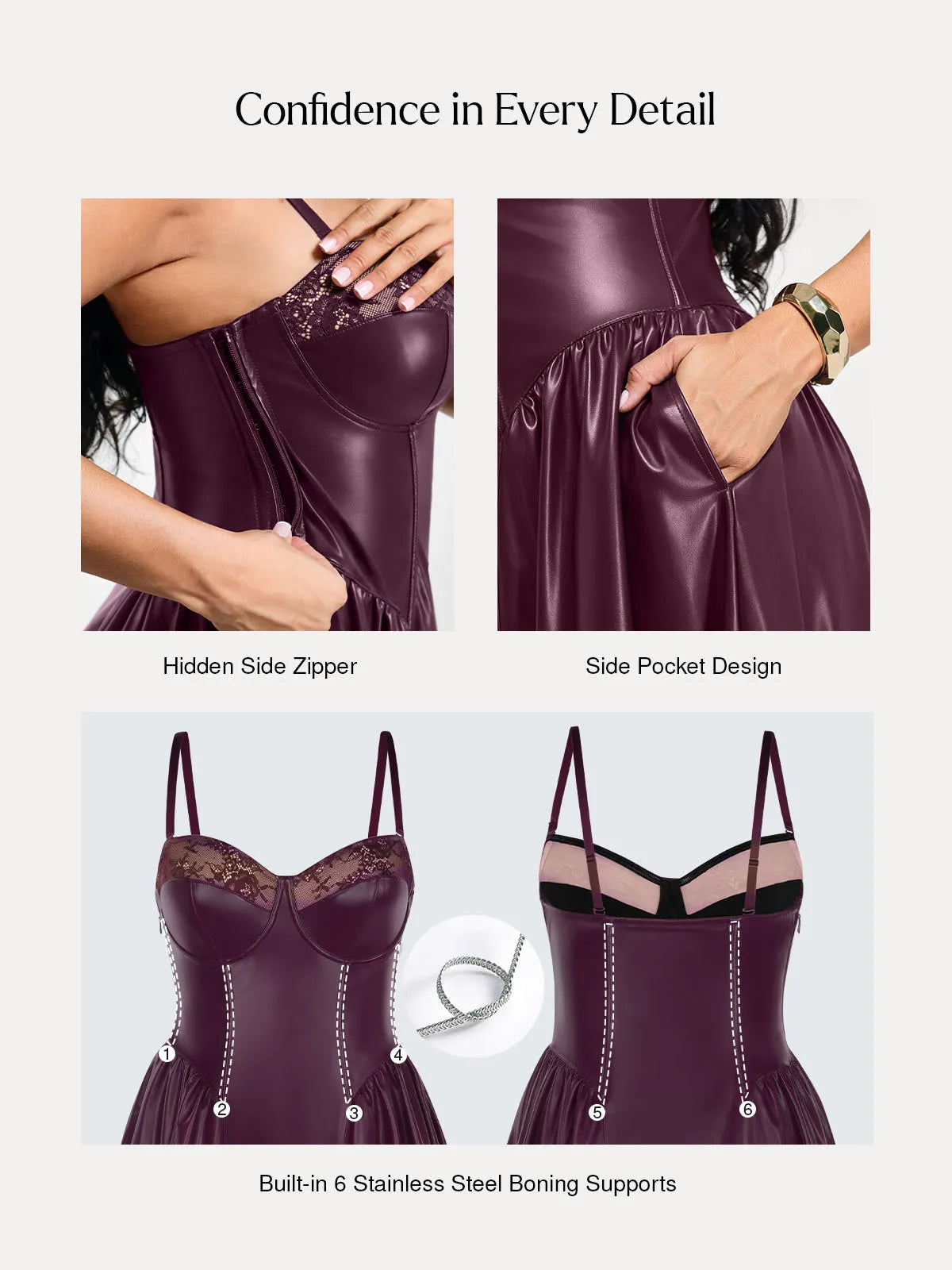 Shapewear Faux Leather Lace Panel Corset A-Line Midi Dress