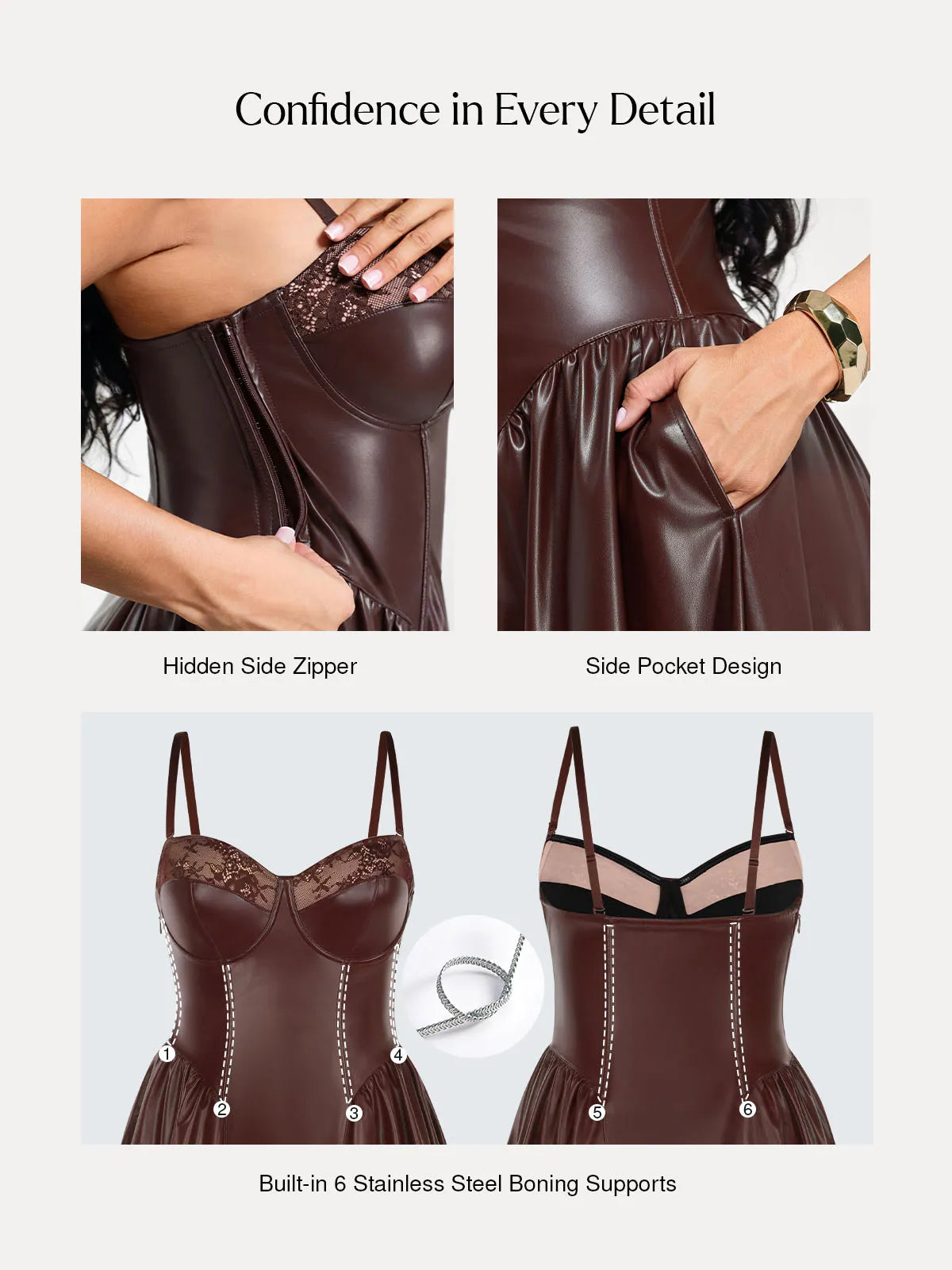 Shapewear Faux Leather Lace Panel Corset A-Line Midi Dress